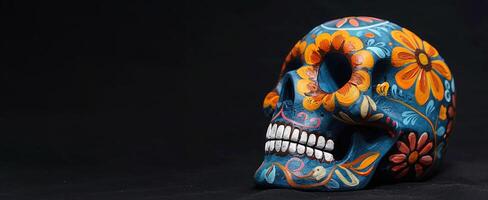 Day of the Dead, colorfully painted skull with floral pattern in Mexican style on black background with space for text, Dia Muertos photo