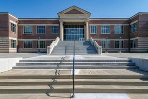 Exterior of a modern school building with stairs going up and down photo