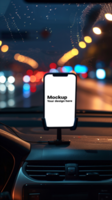 Mockup of black smartphone in car on road background psd