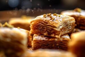 Baklava or baklava on a wooden table photo