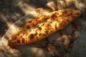 Pide on a marble table in a restaurant. Turkish food photo