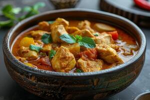 Chicken curry in a bowl on dark background photo