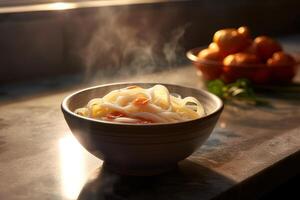 Tangerines and udon noodles in a bowl on a table photo