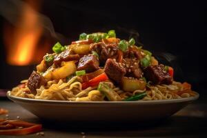 Yakisoba noodles with vegetables and sesame seeds. Japanese food photo