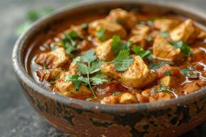 Chicken curry in a bowl on dark background photo