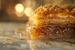 Delicious baklava with honey on table, closeup photo