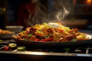 Yakisoba noodles with vegetables and sesame seeds. Japanese food photo