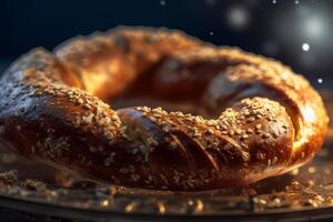 Simit on a marble table in a restaurant. Turkish food photo