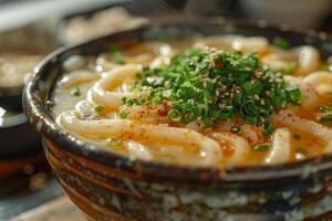 japanese udon ramen noodle soup in a bowl photo
