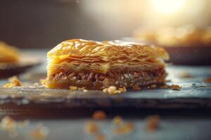 Traditional turkish dessert baklava with cashew, walnuts. Homemade baklava with nuts and honey. photo