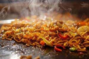 Yakisoba noodles with vegetables and sesame seeds. Japanese food photo