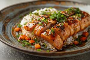 Grilled teriyaki chicken with soy sauce and sesame seeds. closeup photo