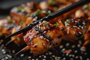 Grilled teriyaki chicken with soy sauce and sesame seeds. closeup photo