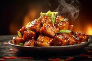 Grilled teriyaki chicken with soy sauce and sesame seeds. closeup photo