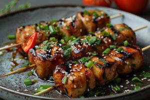 Grilled teriyaki chicken with soy sauce and sesame seeds. closeup photo