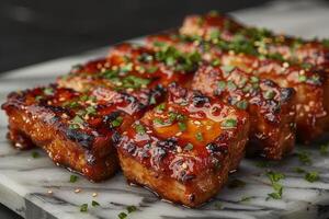 Grilled teriyaki chicken with soy sauce and sesame seeds. closeup photo