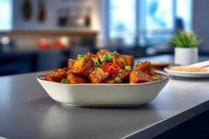Grilled teriyaki chicken with soy sauce and sesame seeds. closeup photo