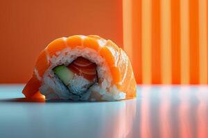Sushi roll with salmon, cream cheese and cucumber on orange background photo