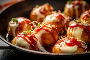 Takoyaki balls with soy sauce and sesame seeds, Japanese food photo