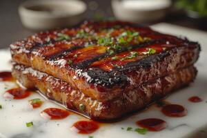 Grilled teriyaki chicken with soy sauce and sesame seeds. closeup photo