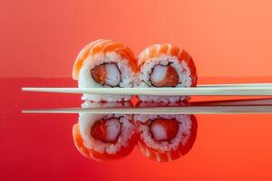 Sushi roll with salmon, cream cheese and cucumber on a red background photo