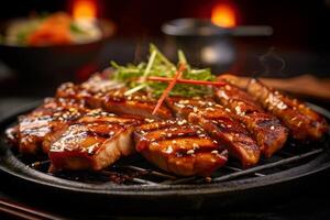 Grilled teriyaki chicken with soy sauce and sesame seeds. closeup photo