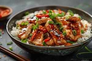 Grilled teriyaki chicken with soy sauce and sesame seeds. closeup photo