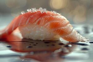 Salmon nigiri sushi japanese food style on dark background photo