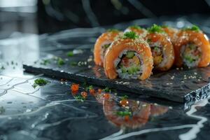 Sushi roll with salmon on a black background. Sushi menu photo