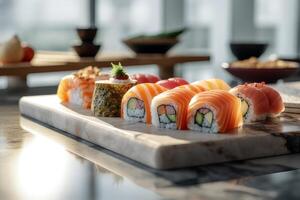 Sushi set on a wooden board, close-up, shallow depth of field photo