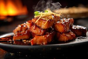 Grilled teriyaki chicken with soy sauce and sesame seeds. closeup photo