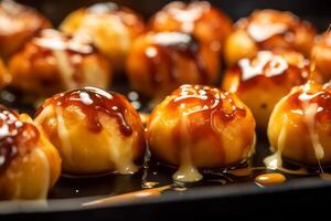 Takoyaki balls with soy sauce and sesame seeds, Japanese food photo
