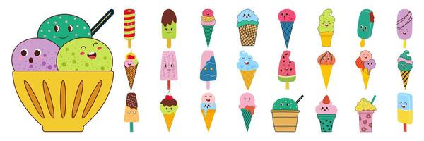 Cute ice cream set. Ice cream smile face. Summer element foot snack colorful flat design. vector