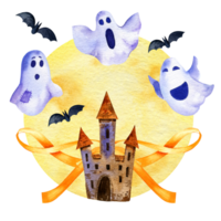 watercolor composition of Halloween theme with tower, moon, ghosts, bats and others, hand drawn illustration of October event, for postcard, greeting card png