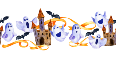 watercolor seamless border of Halloween theme with tower, ghosts, bats and others, hand drawn illustration of October event, for postcard, greeting card png