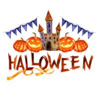 watercolor banner of Halloween theme with tower, pumpkin, purple triangle flags, hand drawn lettering, sketch illustration of October event, for greeting card, template png