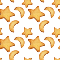 watercolor seamless pattern with homemade cookies in the shape of a star and crescent moon, hand drawn illustration of baking biscuits png