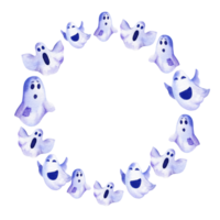 watercolor round wreath of Halloween theme with different cute, funny ghosts, round frame for autumn event, template for Halloween party, card and decoration png