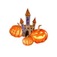 watercolor composition of Halloween theme with tower, funny pumpkins, hand drawn cartoon illustration of October event, for postcard, greeting card png