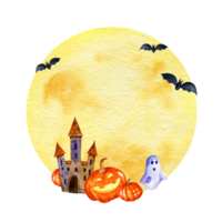 watercolor composition of Halloween theme with moon, tower, pumpkins, ghost and bats on watercolor moon background, hand drawn corner frame, round frame png