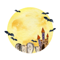 watercolor composition of Halloween theme with moon, tower, headstone, funeral and bats on watercolor moon background, hand drawn corner frame, round frame png