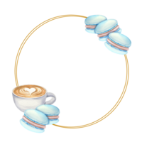 watercolor round frame with cup of coffee, cookies, macaroon, biscuit. hand drawn illustration of cappuccino, collection of coffee theme png