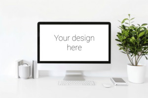 Mockup of white screen on table. White keyboard and mouse on white table psd
