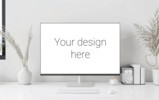 Mockup of white screen on table. White keyboard and mouse on white table psd