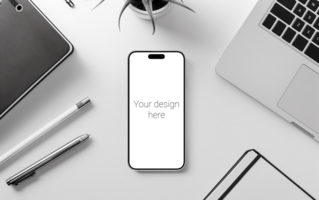Mockup of white smartphone similar to iphone 15 lies on white table. Laptop and notebook next to each other psd