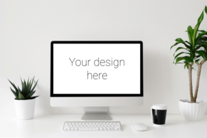 Mockup of white screen on table. White keyboard and mouse on white table psd