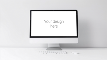 Mockup of white screen on table. White keyboard and mouse on white table psd