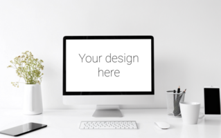 Mockup of white screen on table. White keyboard and mouse on white table psd