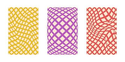 Background set Groovy hippie 70s. Grid line, swirl, twirl pattern. Grid Twisted and distorted background texture, trendy retro psychedelic style. Y2k aesthetic background. vector