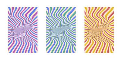 Background set Groovy hippie 70s. Line, swirl, twirl pattern. Twisted and distorted background texture, trendy retro psychedelic style. Y2k aesthetic background. vector